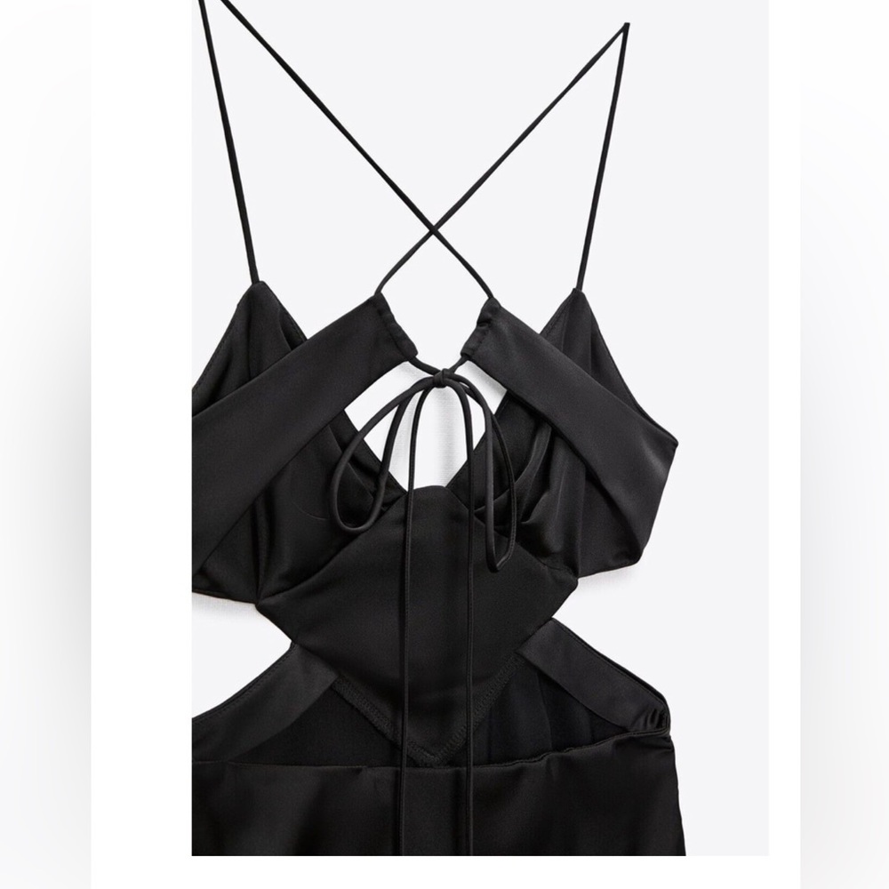 NWT. Zara Black Satin Effect Cut-Out Midi Dress - Picture 5 of 5